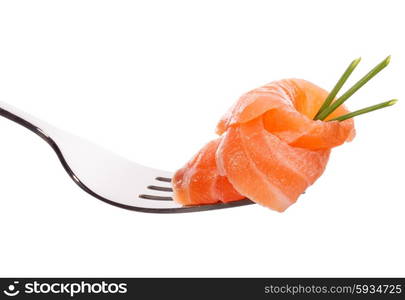 Salmon piece on fork isolated on white background cutout