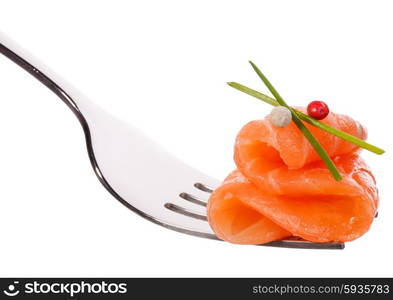 Salmon piece on fork isolated on white background cutout