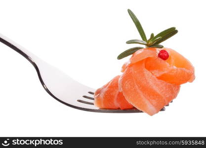 Salmon piece on fork isolated on white background cutout