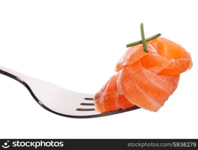 Salmon piece on fork isolated on white background cutout