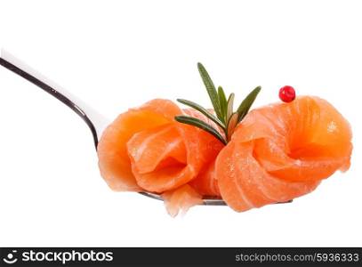 Salmon piece on fork isolated on white background cutout