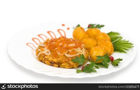 salmon rissole covered with red caviar and fried potato balls, shallow DOF