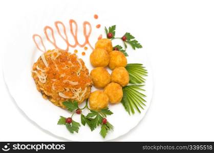 salmon rissole covered with red caviar and fried potato balls, shallow DOF