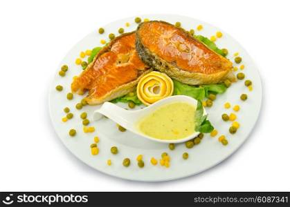 Salmon roasted and served in the plate