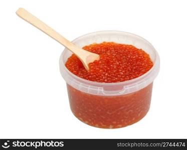 salmon roe in a plastic pot with a wooden spoon