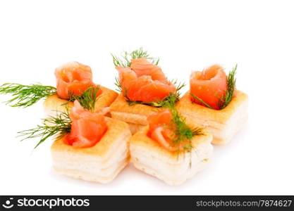 Salmon rolled fillet in pastries isolated on white background.
