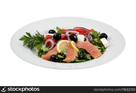 Salmon salad, olives, cheeses and vegetables on an isolated background