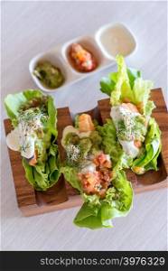 Salmon salad Tacos set groumet mexical style food