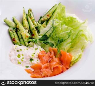 Salmon salad with lettuce and cucumbers in plate