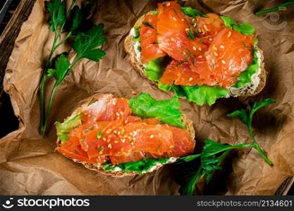 Salmon sandwich on paper. Macro background. High quality photo. Salmon sandwich on paper. Macro background.