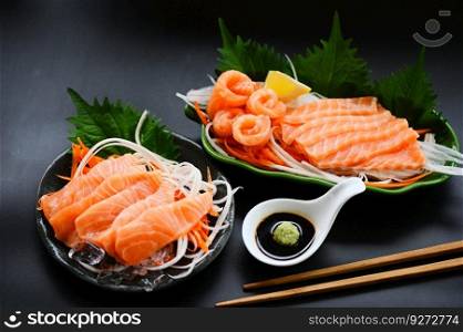 salmon sashimi food salmon fillet japanese menu with shiso perilla leaf lemon herb and spices, fresh raw salmon fish for cooking food seafood salmon fish with sauce and wasabi - top view 