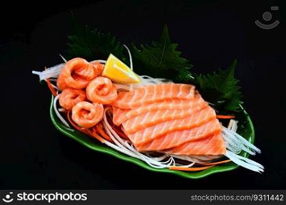 salmon sashimi food salmon fillet japanese menu with shiso perilla leaf lemon herb and spices, fresh raw salmon fish for cooking food seafood salmon fish