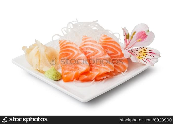 Salmon sashimi. Salmon sashimi with withe plate isolated on white background