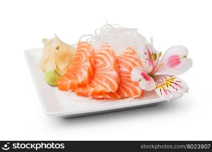 Salmon sashimi. Salmon sashimi with withe plate isolated on white background