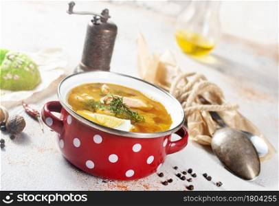 salmon soup, fersh soup with salmon fish