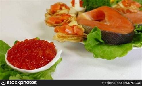 Salmon Steak And Red Caviar, Closeup
