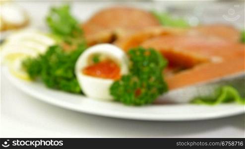Salmon Steak And Red Caviar, Closeup Zoom Shot
