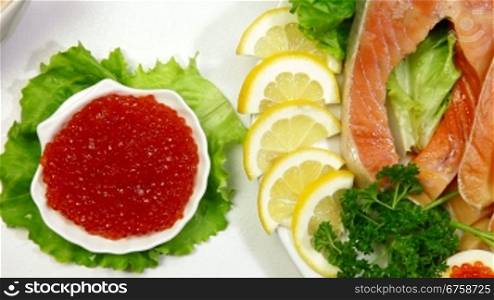 Salmon Steak And Red Caviar, Dolly Shot Closeup