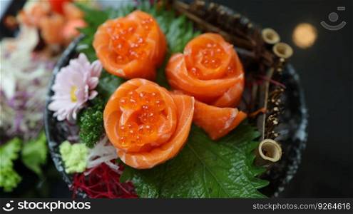 Salmon Sushi Japanese food. on the table in restaurant. Japanese cuisine Sashimi Salmon sushi nigiri. 