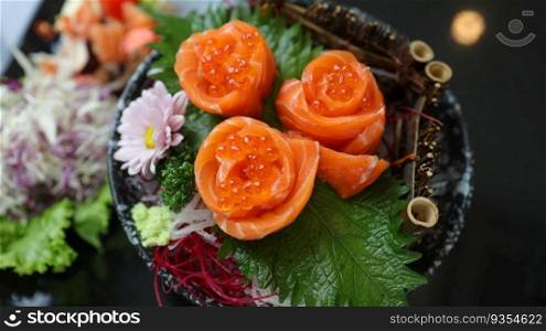 Salmon Sushi Japanese food. on the table in restaurant. Japanese cuisine Sashimi Salmon sushi nigiri. 