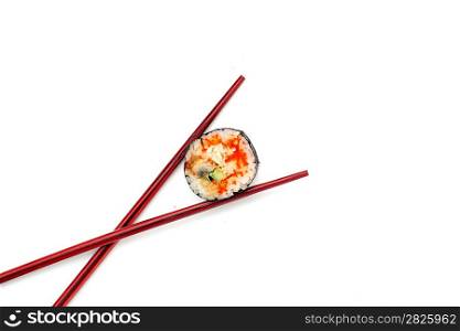 salmon Sushi with chopsticks isolated over white background