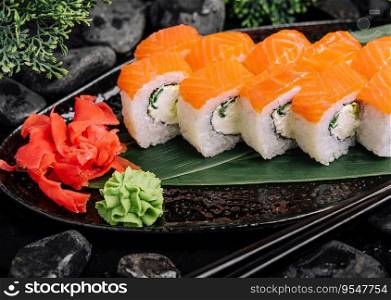 Salmon sushi with rice on stone plate