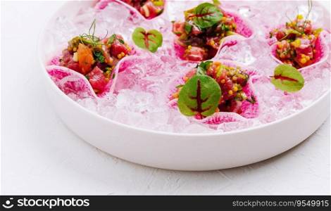 Salmon tartar in a white bowl with ice