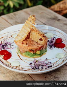 Salmon tartare with avocado and toasts ideal for summer