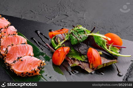 Salmon tataki in sesame with salad