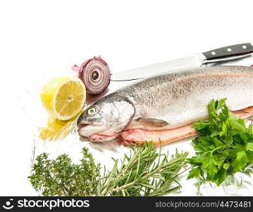 Salmon trout fish with fresh spices and herbs on white background. Healthy sea food