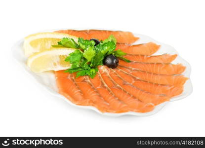 Salmon with lettuce, lemon and olive on white background