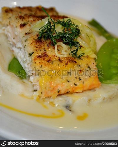 Salmon With Mashed Potatoes,Onion And Green Peas