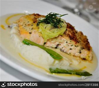 Salmon With Mashed Potatoes,Onion And Green Peas