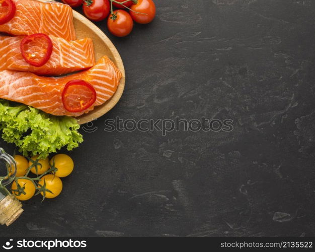 salmon wooden board flat lay