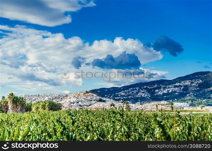 Salobrena town on the Costa Tropical in Granada, Spain. View from distance.. Spanish Salobrena town in Andalucia