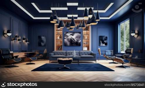 Salon in the wood ceiling, in the style of navy and black, minimalist color palettes, study place, multiple styles, black and gray.