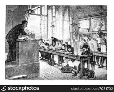 Salon of 1874; paint. - A drawing lessons at school Cochin, by A. Trupheme. - The Drawing Hernault, vintage engraved illustration. Magasin Pittoresque 1875.