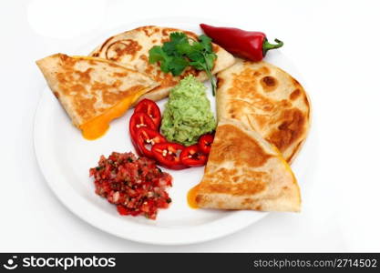 Salsa Guacamole And Quesadilla. Cheddar cheese quesadilla&rsquo;s with guacamole fresh salsa and sliced red chili pepper topped with guacamole and cilantro