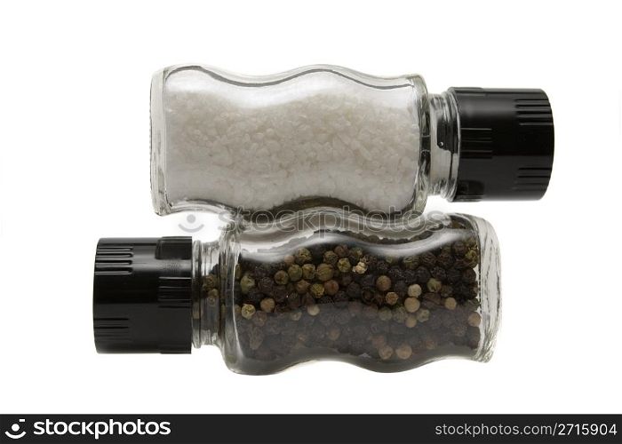 Salt and pepper grinders on a white background
