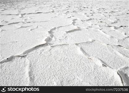 Salt crust in the shore of lagoon and salt lake Tuyajto, Altiplano (High Andean Plateau), Los Flamencos National Reserve, Atacama desert, Antofagasta Region, Chile, South America