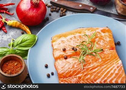 Salt fish.Raw salmon fillet with cooking ingredients. Fresh salt salmon fish