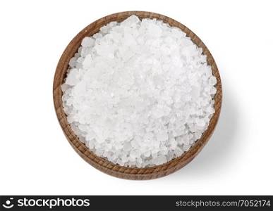 salt in a wooden bowl isolated on white background with clipping path