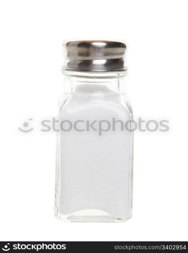 Salt intake is a dietary concern especially for those with high blood pressure or hypertension. Table salt in salt shaker. Shot on white background.