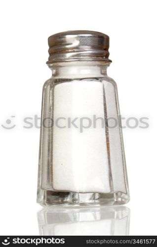 Salt shaker glass with reflection isolated on white background