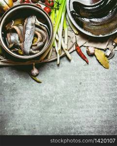 Salted herring with spices and herbs. On a stone background.. Salted herring with spices and herbs