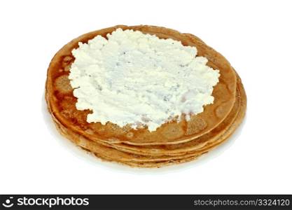 Salted, pancake made of spelt wheat with fresh cottage cheese isolated on white