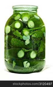 Salted pickled homemade cucumbers in glass. Russian traditional cuisine.