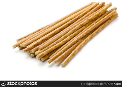 Salty baked breadsticks isolated on white