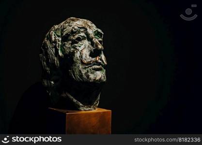 Salvador Dali exhibition in Prague Central Gallery. Famous installation. Legend artist, painting, collection. High quality photo. Prague, Czech - March 2023. Bronze Salvador Dali head. Copy space