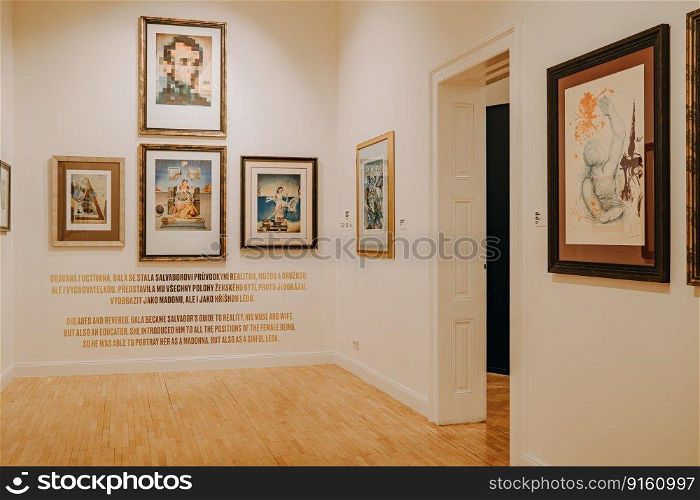 Salvador Dali exhibition in Prague Central Gallery. Famous installation. Legend artist, painting, collection. High quality photo. Prague, Czech - February 2023. Salvador Dali exhibition in Central Gallery. 